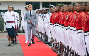 The Duke of Sussex inspected a Guard of 100 Fijian soldiers, made up of representatives from the Army and Navy, on arrival in Fiji.