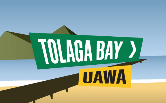"Tolaga Bay" and "Uawa" in the style of iconic New Zealand road signs.