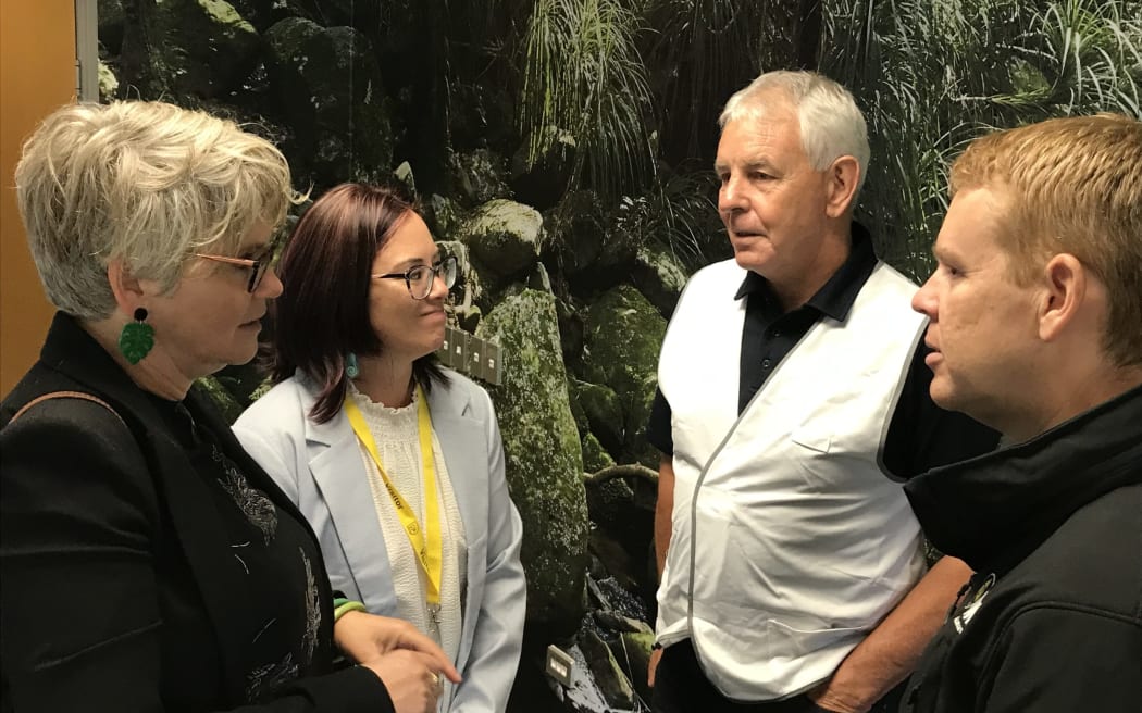 Prime Minister Chris Hipkins (right) talking about Northland’s Cyclone Gabrielle impacts in Whangārei on 24 February with (from left) Whangārei MP Emily Henderson, Far North Deputy Mayor and Northland Civil Defence Group chair Kelly Stratford and Northland Civil Defence Group controller Graeme MacDonald