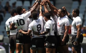 Fiji huddle together during the Cape Town Sevens.
