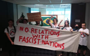 Organise Aotearoa activists entered the embassy to protest Brazilian President Jair Bolsonaro's inauguration.