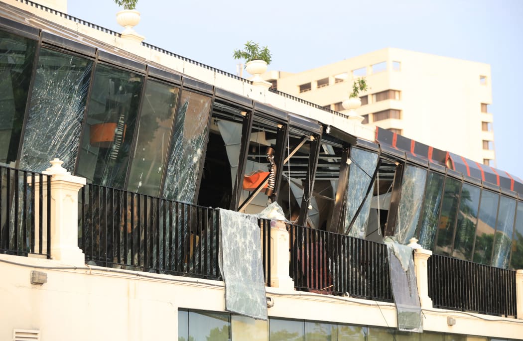 A photo shows the Kingsbury Hotel in Colombo City, Sri Lanka on April 22, 2019, a day after the hotel was hit in series of bomb blasts targeting churches and hotels. Police officers have inspected the interior of the hotel. At least 290 people died due to the series of bombings as of April 22