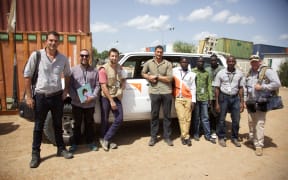 Simon Day with the World Vision South Sudan team, journalist Michael Morrah, and cameraman Nick Zieltjes