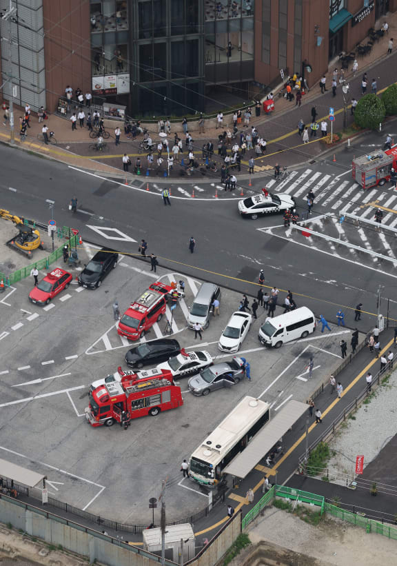 An aerial photo shows the site that former prime minister Shinzo Abe been shot in Nara City, Nara Prefecture on July 8, 2022.