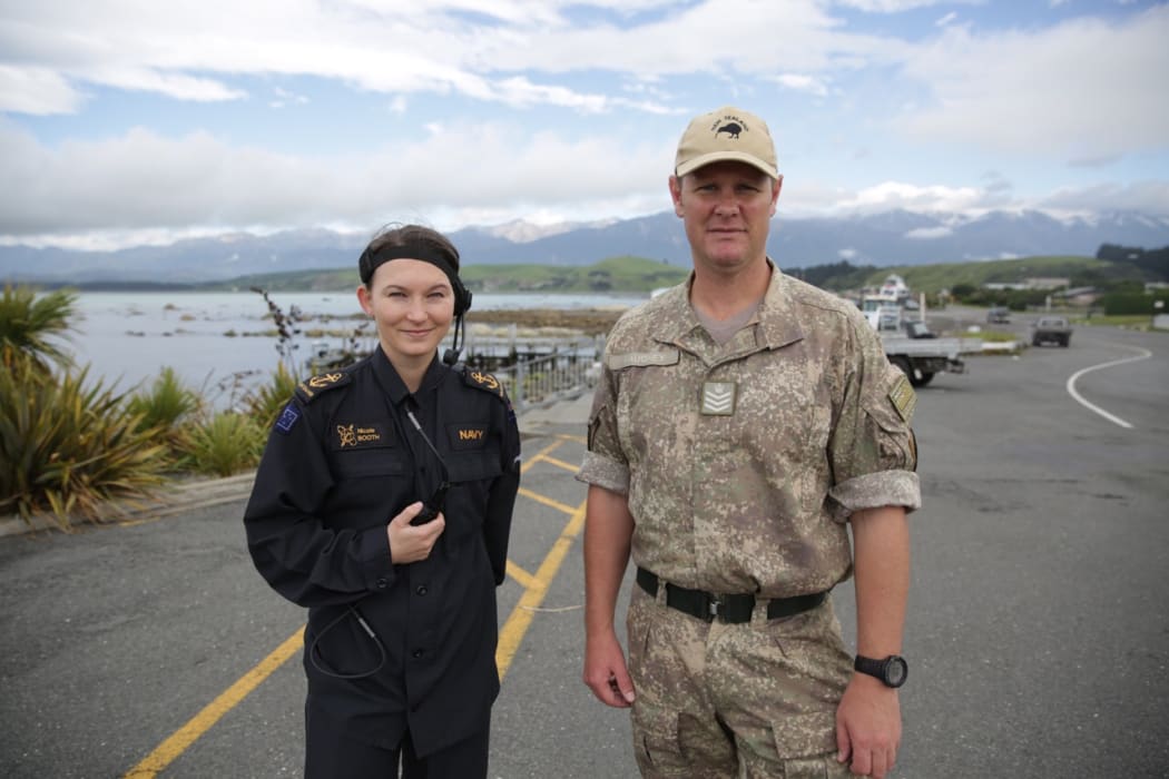 Staff Sergeant Simon Haughey, beach master for the evacuation, and Nicole Booth, lcws, in Kaikoura, cut off after the 7.5 magnitude earthquake that struck near Hanmer Springs.