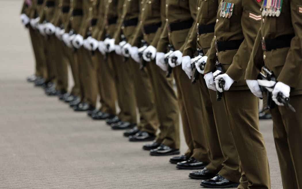 NZDF soldiers outside Parliament buildings in Wellington on Armistice Day.