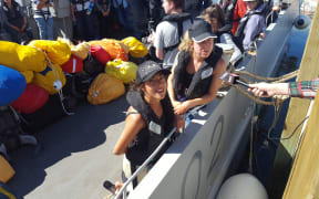 French tourists Lucie and Louisa moments before leaving Kaikoura on the HMNZS Canterbury.