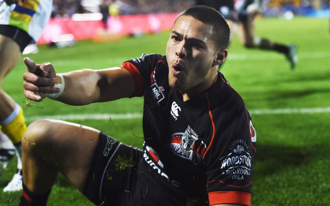 Tuimoala Lolohea celebrates his try during the NRL Rugby League match between the Vodafone Warriors and The Canberra Raiders at Mt Smart Stadium, Auckland, New Zealand. Saturday 27 June 2015. Copyright Photo: Andrew Cornaga / www.Photosport.nz