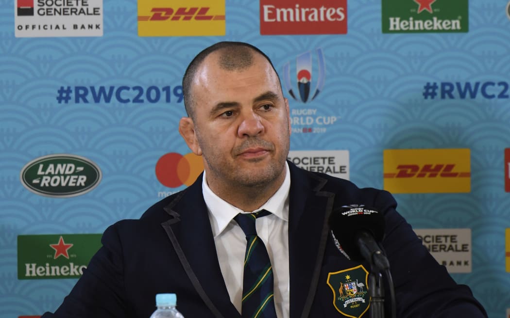 Australia head coach Michael Cheika attends a media conference after the 2019 Rugby World Cup Quarter-finals loss to England.