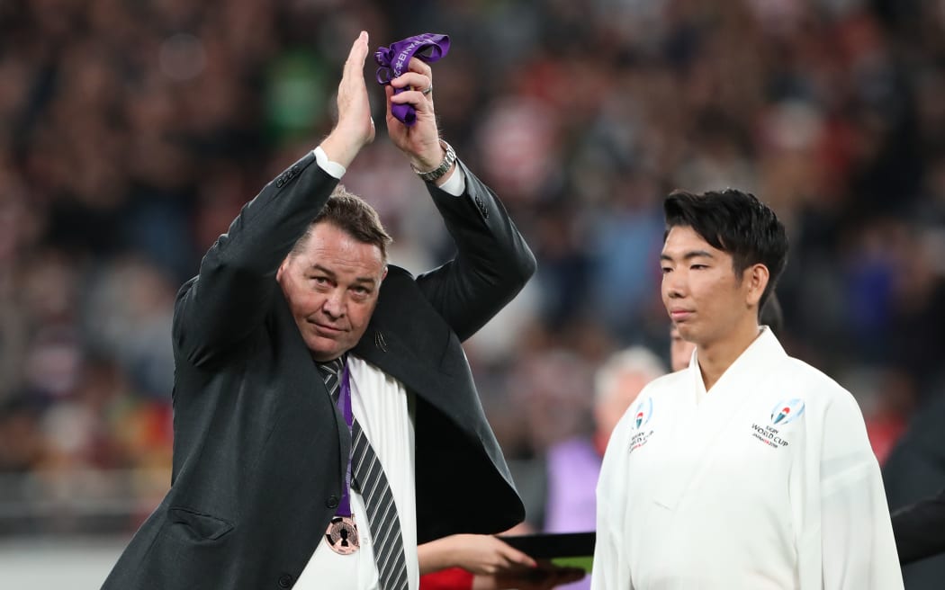New Zealand's head coach Steve Hansen celebrates after winning the Bronze Final in the 2019 Rugby World Cup Japan against Wales at Tokyo Stadium in Tokyo on Nov. 1, 2019.