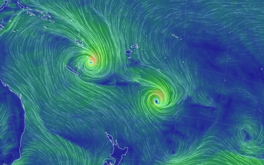 Cyclone Kevin and Cyclone Judy as pictured on Earth Nullschool on Saturday March 4.