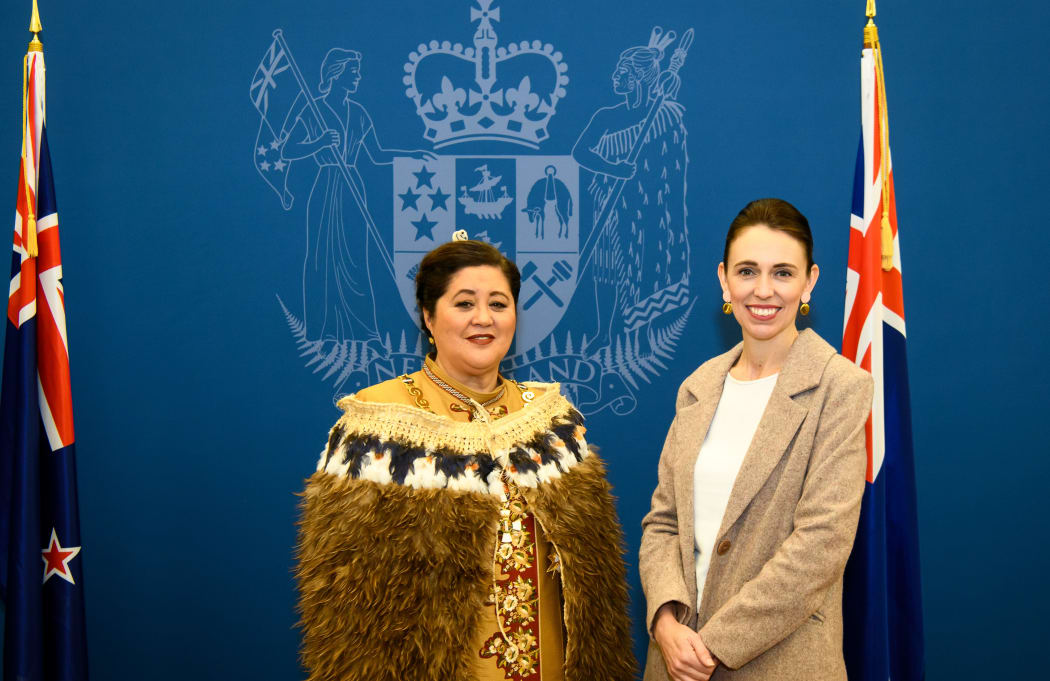 WELLINGTON, NEW ZEALAND - October 21: Dame Cindy Kiro and Rt Hon Jacinda Ardern after the swearing-in ceremony of Dame Cindy Kiro October 21, 2021 in Wellington, New Zealand.