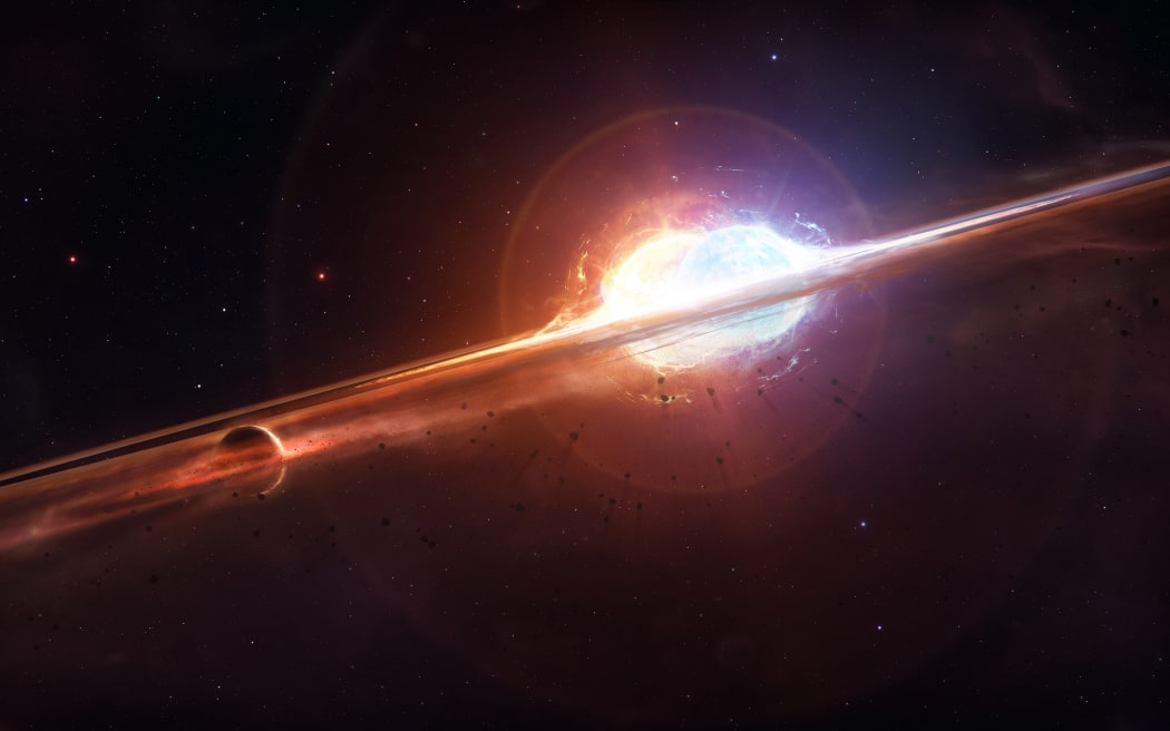 The violent merger between two stars that may have formed the helium-burning giant star Baekdu. The merger produces a debris disk that gave birth to the planet Halla.