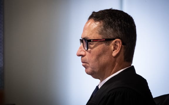 Judge Evangelos Thomas presides over day 2 of the  Whakaari White Island eruption trial at the Auckland Environment Court.
12 July 2023. New Zealand Herald photograph by Jason Oxenham