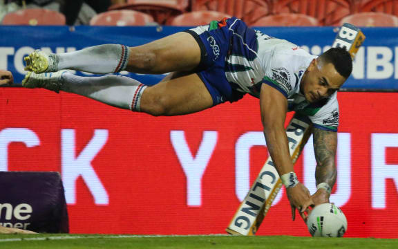 Ken Maumalo dives over in the corner against Newcastle but the try was disallowed.