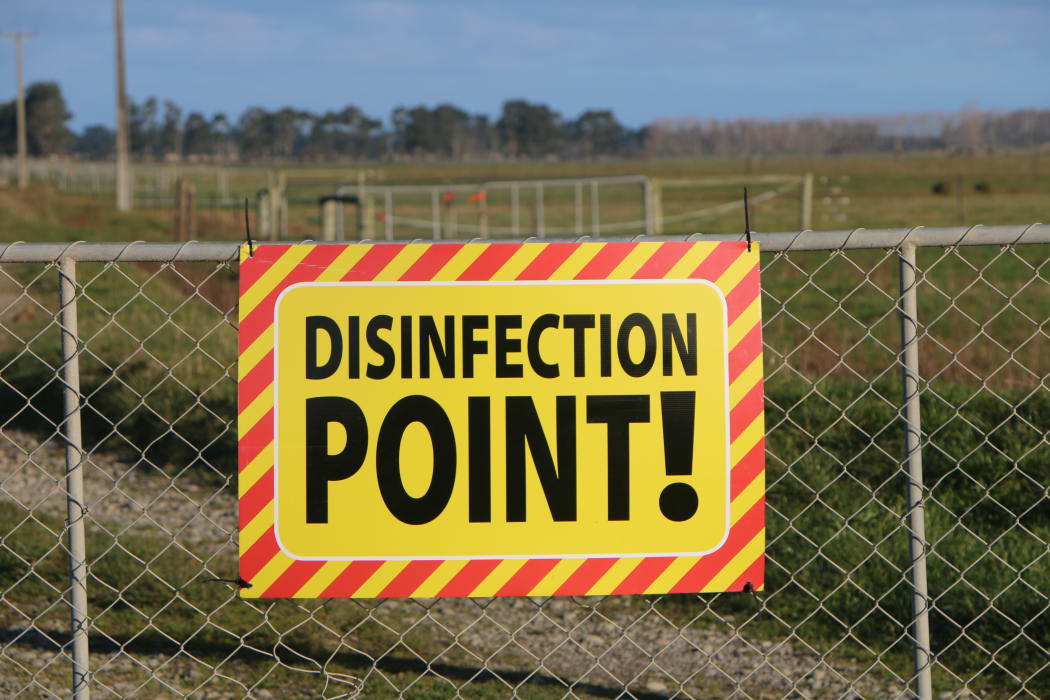 A disinfection point sign on a farm under restricted movement notice due to Mycoplasma Bovis.