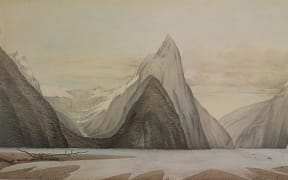 Milford Sound looking north-west from Freshwater Basin, 1863, watercolour on paper By John Buchanan