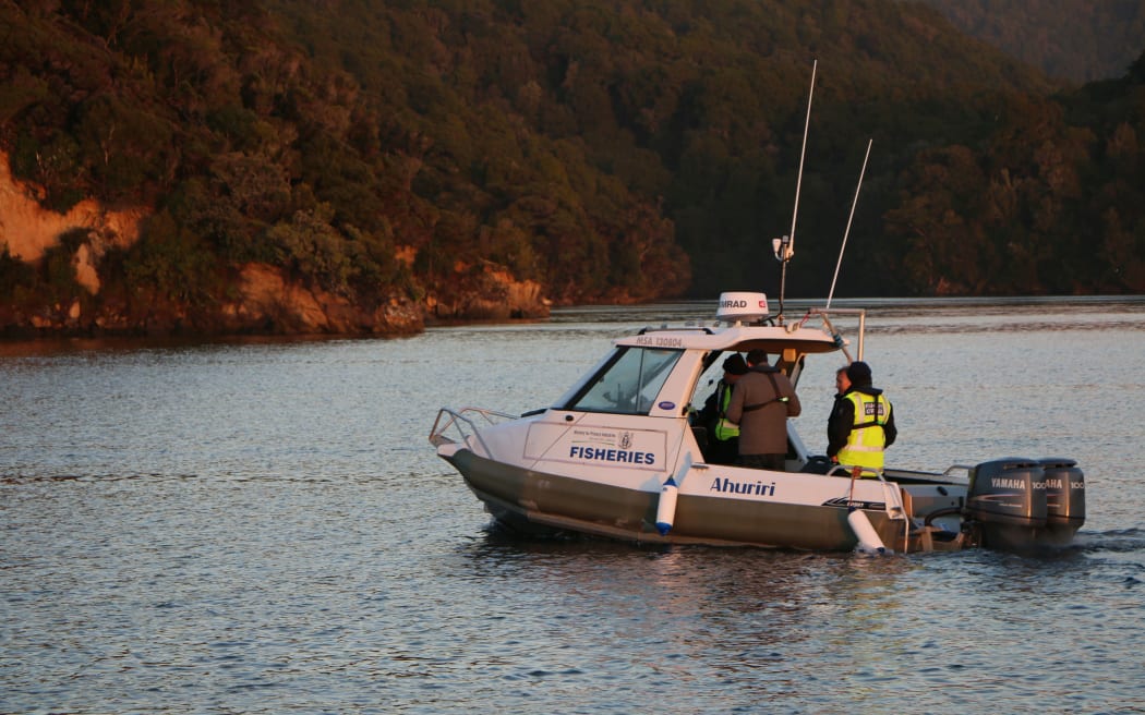 MPI Fisheries officers supervise the removal of oysters from Big Glory Bay in Stewart Island.