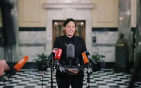 Labour MP Kiritapu Allan speaks to media on her return to Parliament after a cervical cancer diagnosis.