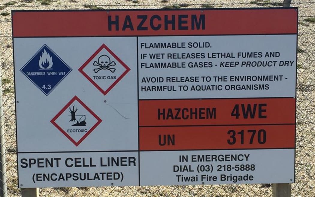 A hazchem sign by a SCL pad at the Tiwai Point aluminium smelter