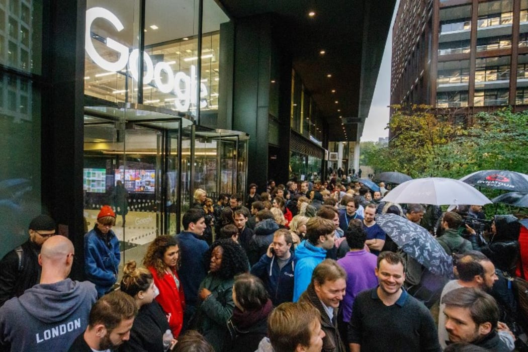 Google staff stage a walkout at the company's UK headquarters in London as part of a global campaign over the US tech giant's handling of sexual harassment.