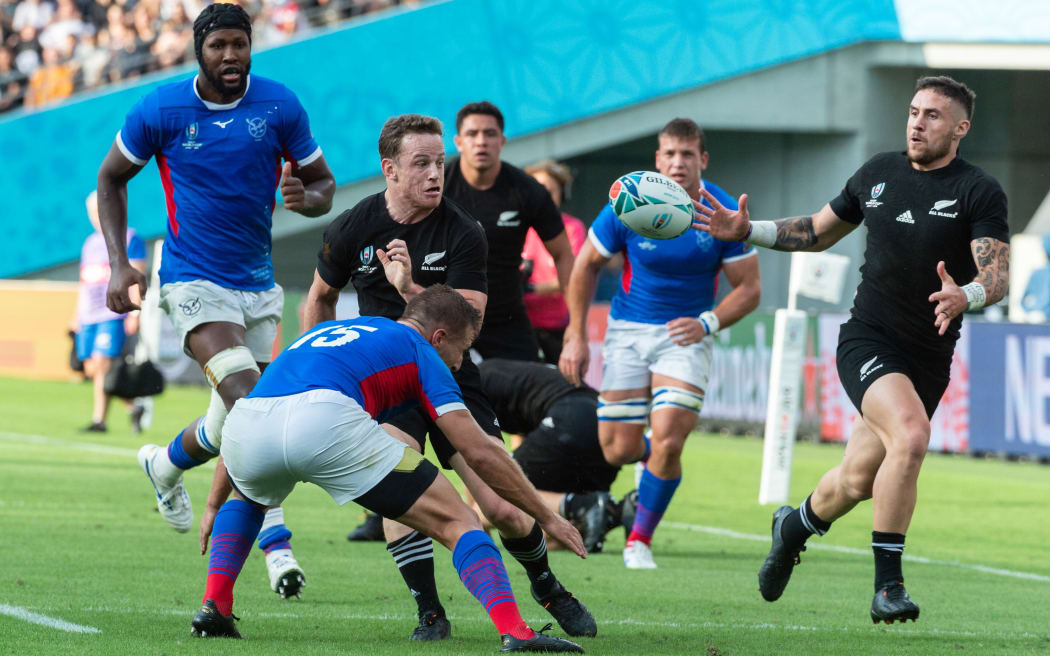 Brad Weber and TJ Perenara playing together for the All Blacks against Namibia, 2019 Rugby World Cup, Japan.