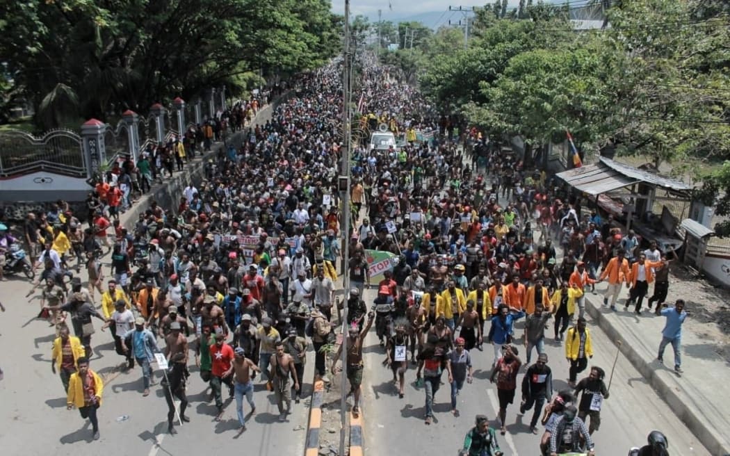 Protesters march against racism in Jayapura, August 2019.