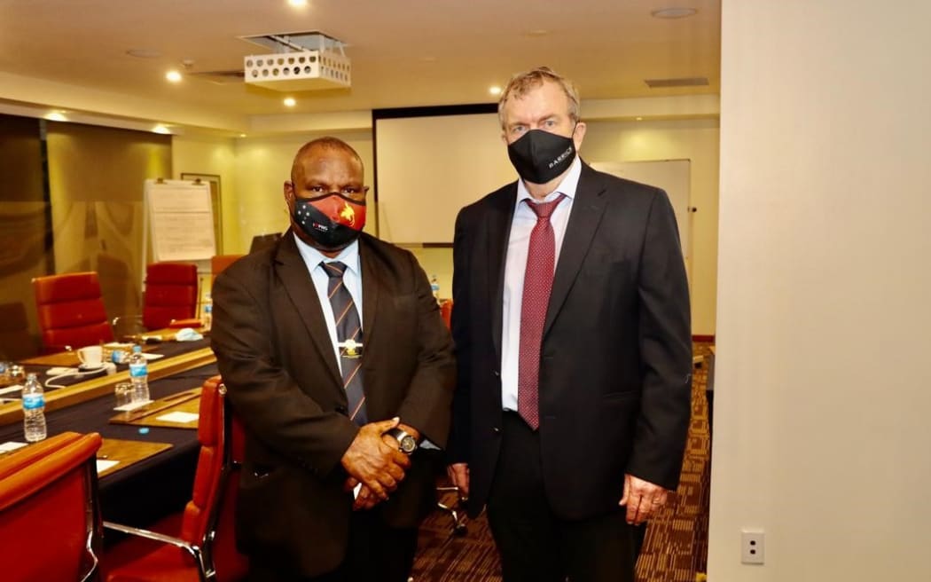 PNG prime minister James Marape and Barrick Gold CEO Mark Bristow in Port Moresby, 15 October 2020.