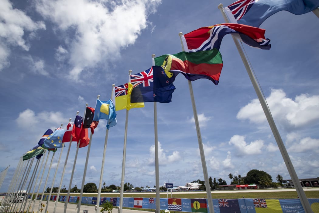 National flags in Nauru for the Pacific Islands Forum.