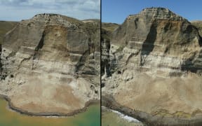 Two photos show the progressive slips at Cape Kidnappers where two people were injured.