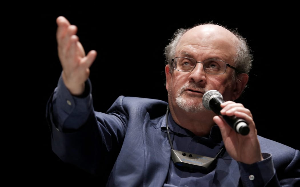 A file picture of Salman Rushdie speaking at a Positive Economy Forum in Le Havre in France in 2016. He was stabbed on stage while speaking at an event in New York on 13 August 2022.