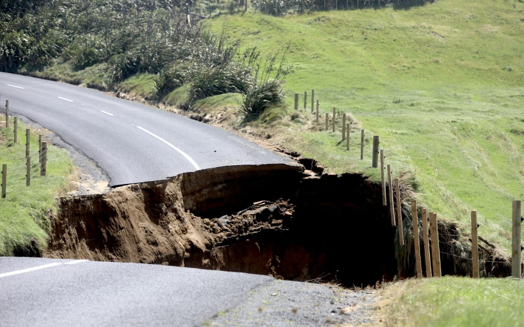 A major slip on Manukau Heads Road after Cyclone Gabrielle in February 2023.