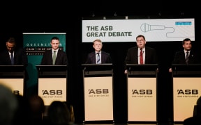 The five Finance spokespeople at a pre-election debate in Queenstown. Left to Right: NZ First's Fletcher Tabuteau, Greens' James Shaw, National's Paul Goldsmith, Labour's Grant Robertson and ACT's David Seymour.