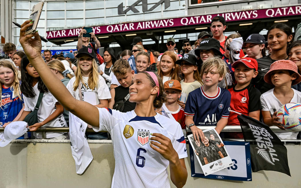 Lynn Williams of USA takes a selfie with fans in New Zealand in January 2023.