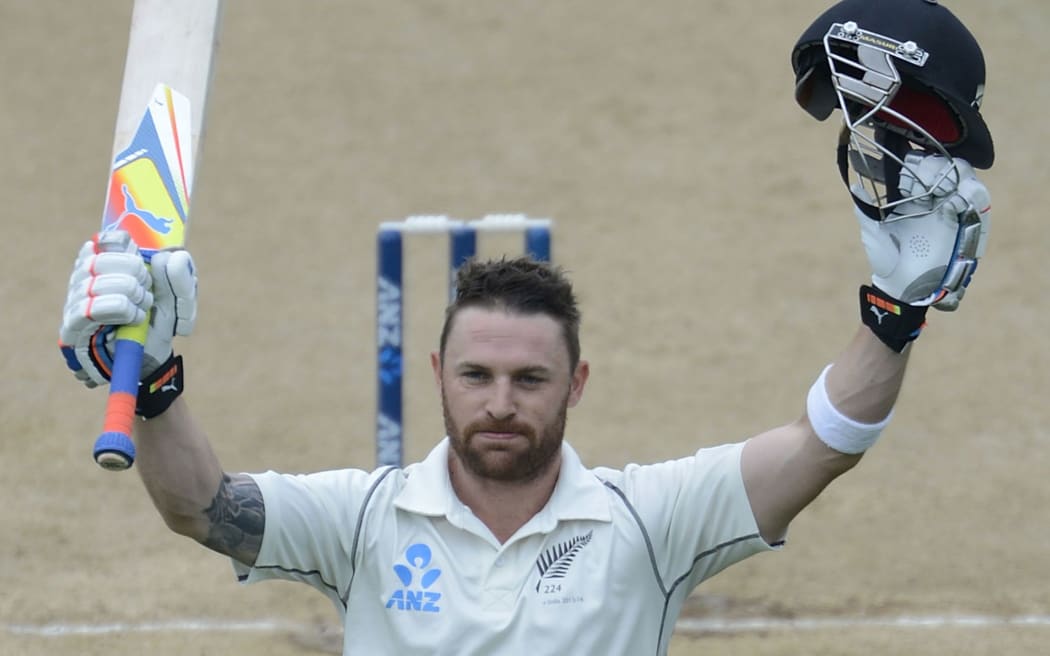 Brendon McCullum celebrates 300 runs during day 5 of the 2nd International Test cricket match between New Zealand and India in Wellington at the Basin Reserve on February 18, 2014.