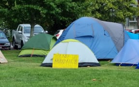 Tents and anti-mandate signs set up in Cranmer Square, Christchurch, 16 February 2022.