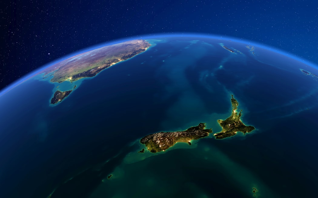 Planet Earth with detailed exaggerated relief at night lit by the lights of cities. New Zealand. 3D rendering. Elements of this image furnished by NASA
