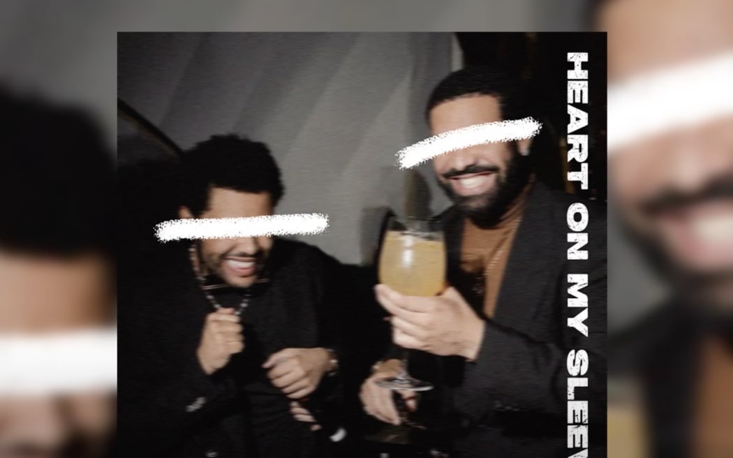 An image from the AI-generated song 'Heart On My Sleeve' circulating online, featuring computer recreations of the voices of Drake and the Weeknd. Music companies have been asked to remove the song.