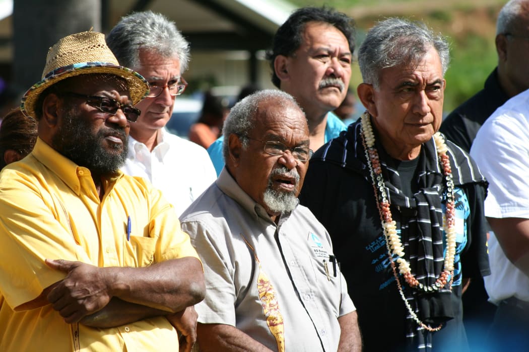 Papua New Guinea's Michael Somare (centre) is one of the Pacific Islands region's longest serving and most respected leaders. Here he is flanked on the left by Kanak leader Victor Tutugoro and to the right by French Polynesia's Oscar Temaru, in Noumea, 2013.
