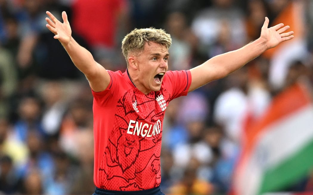 England bowler Sam Curran appeals during the ICC Men’s T20 World Cup 2022 Semi Final 2 cricket match between India and England at Adelaide Oval in Adelaide, Thursday, November 10, 2022. (AAP Image/Dave Hunt/ www.photosport.nz