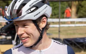 Anton Cooper from Christchurch after winning 1st place in the male elite and his 5th national title at the New Zealand Mountain Biking Cross Country Championship.