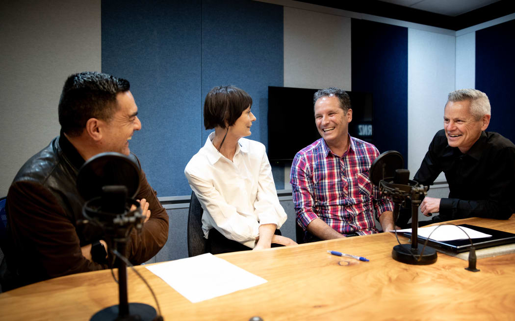Julian Wilcox, Lisa Owen, Tim Watkin and Guyon Espiner laughing in the studio as they record their election podcast Caucus.