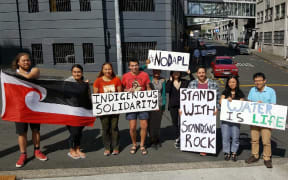 Green MP Marama Davidson and protesters show their support for the protests at Standing Rock.