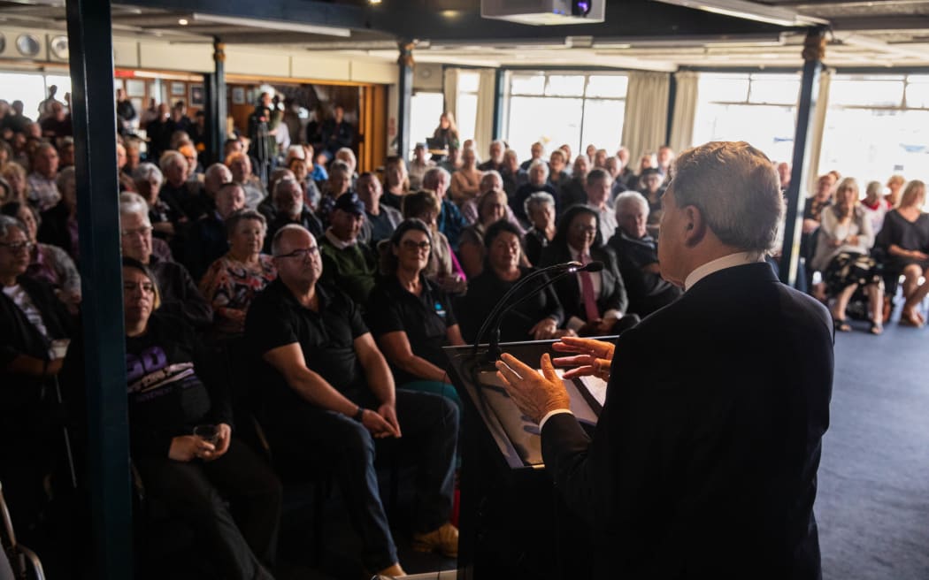 New Zealand First leader Winston Peters speaks at a public meeting at Napier Sailing Club in Napier on 29 September 2023.