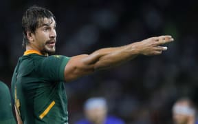 South Africa's lock Eben Etzebeth gestures during the Japan 2019 Rugby World Cup Pool B match between South Africa and Italy.