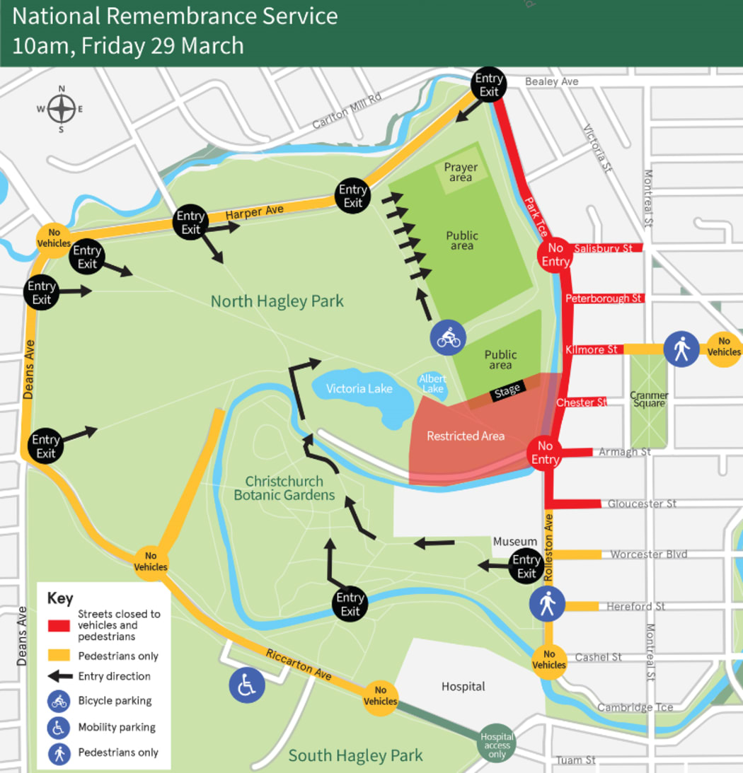Map of road closures and public access points to North Hagley Park