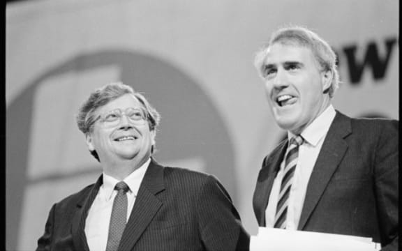 Geoffrey Palmer (R) with David Lange at the Labour Party conference, Michael Fowler Centre, Wellington, August 1986. Ross Giblin, Dominion Post