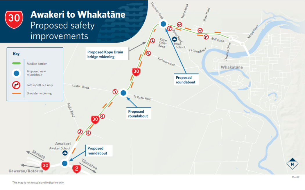 Diagram showing Waka Kotahi proposed safety improvements to State Highway 30 Whakatāne to Awakeri