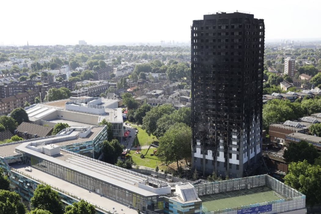 The remains of Grenfell Tower, a residential tower block in west London.