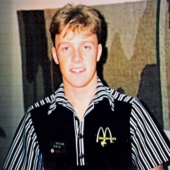 A young Christopher Luxon in a McDonald's uniform where he worked part time for several years.